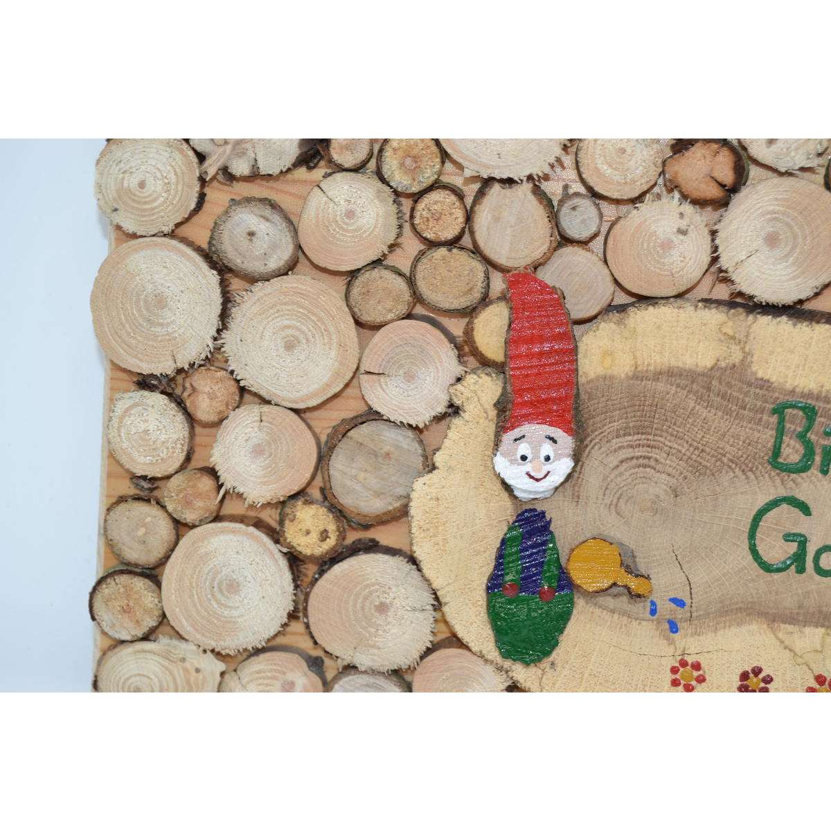 Holzbild "Bin im Garten" Detailaufnahme