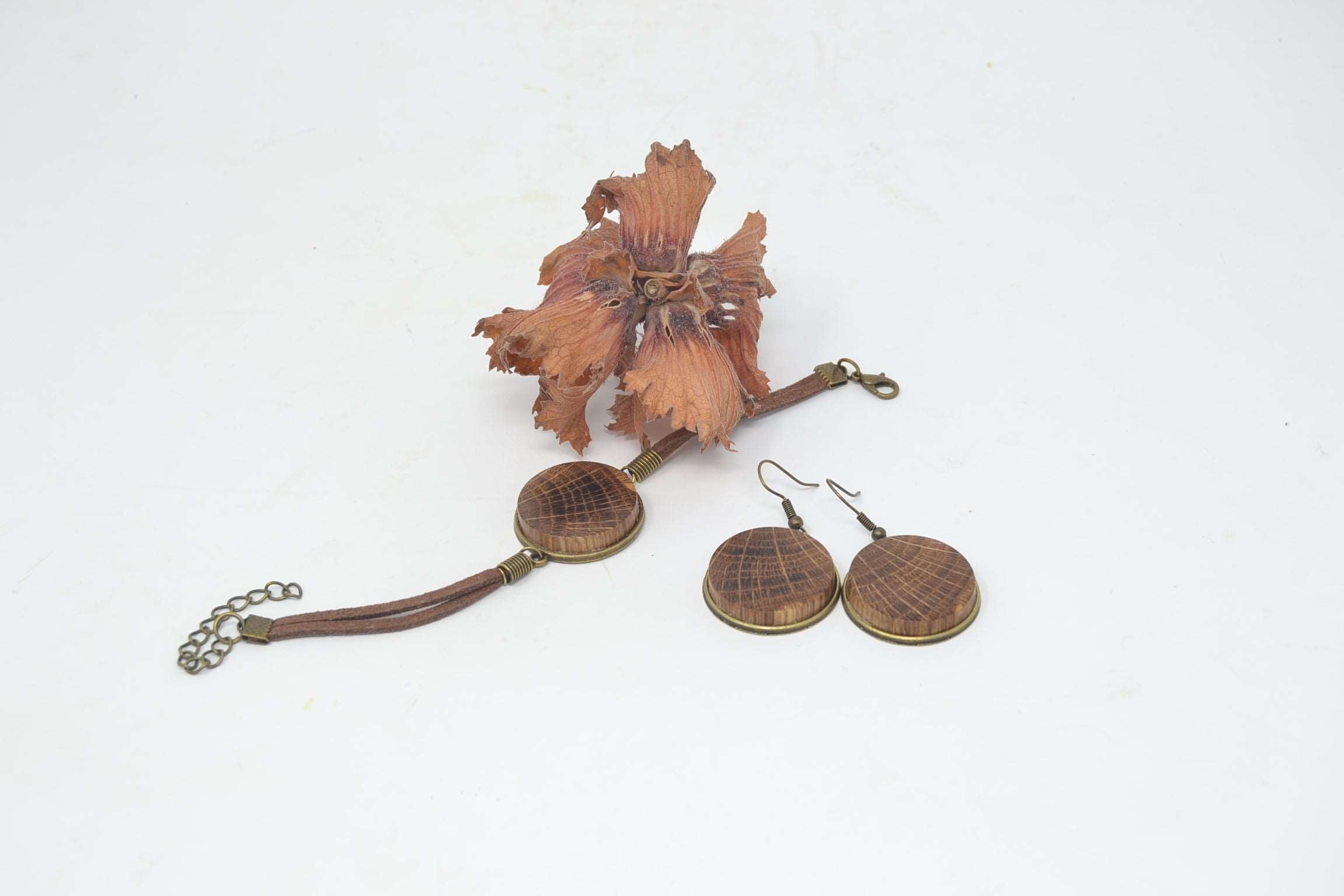 Holz Schmuck Set Eiche Ohrstecker Armband Geschenkset Unikat