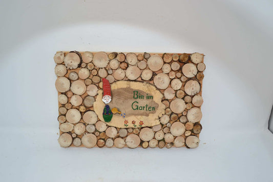 Holzbild "Bin im Garten" aus Baumscheiben